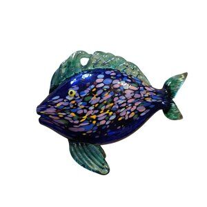 Signed Thames Art Glass Fish Figurine Blue & Green Handblown With Multicolor Acc